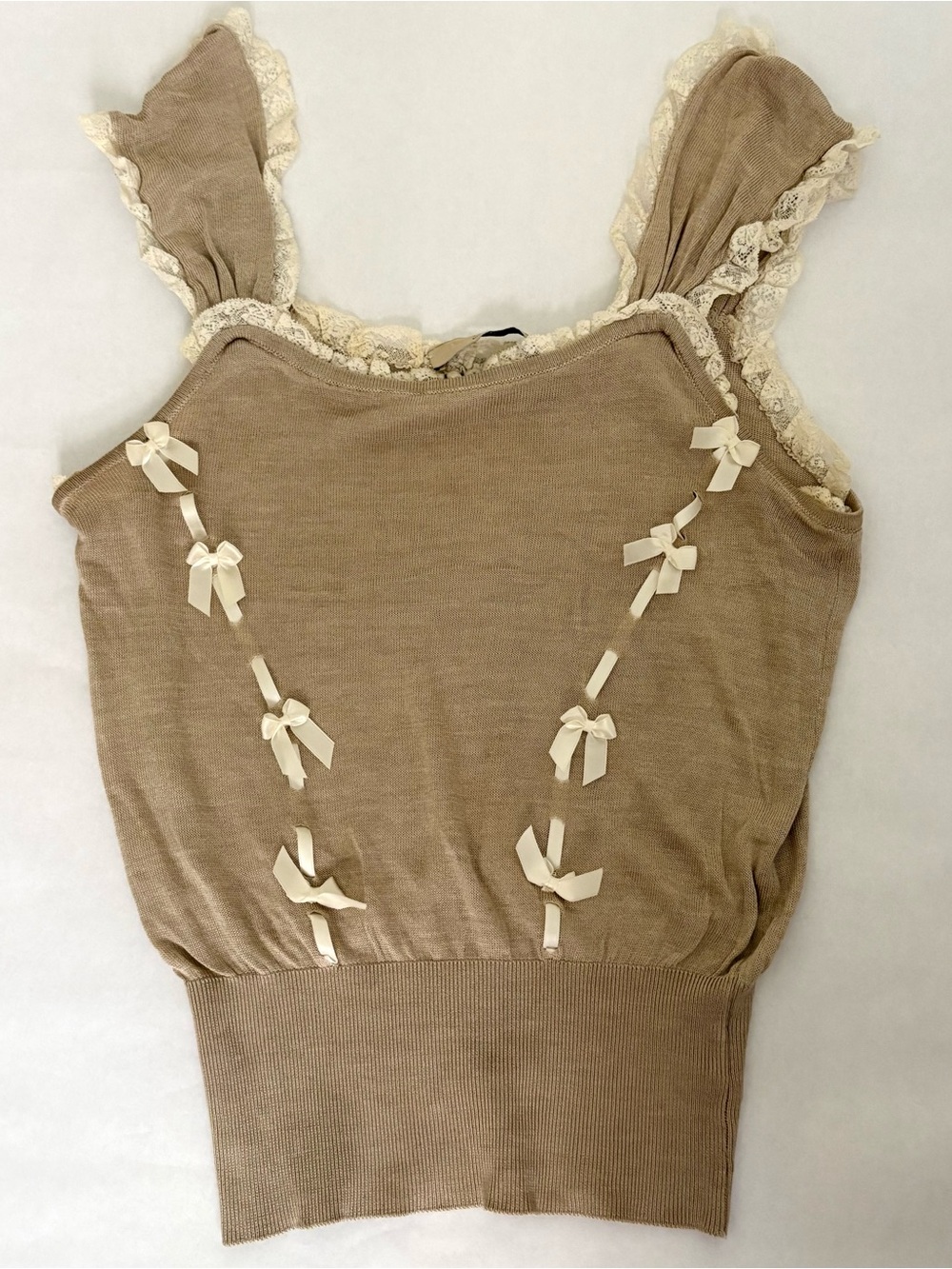 Blumarine Silk Tank Top with Lace and Bow Detail